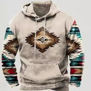 Новый 2024 весенний и осенний мужской свитер с цифровым принтом рукава с длинным рукавом западный джинсовый стиль с капюшоном свитер