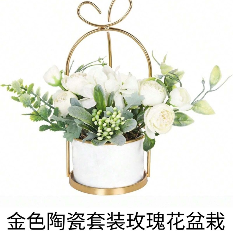 バラの陶器鉢水草鉢植え葉付き小石鉢植え造花植物ホームデコレーション|undefined