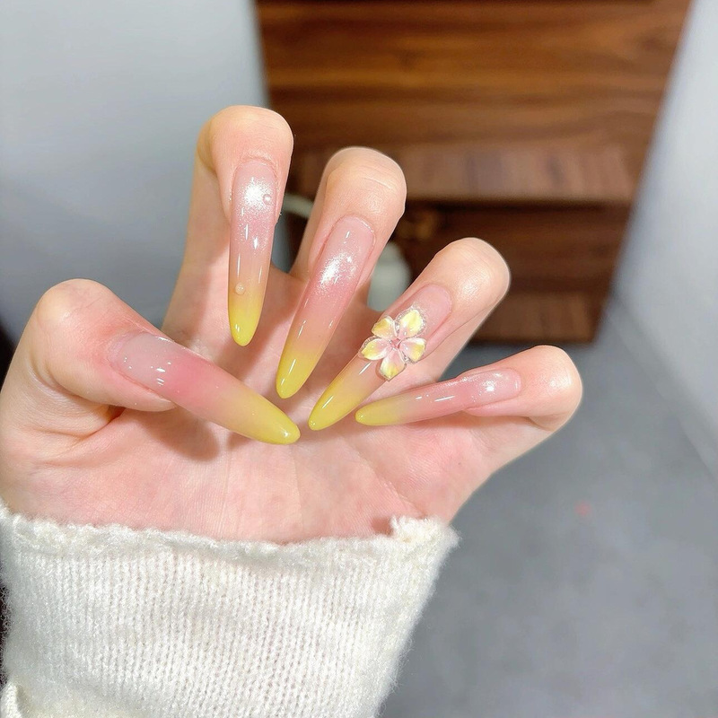 Clear and White Cat-Eye Yellow Pure Handmade Wearable Nails Pure Handmade Summer Mid-Length Manicure Patches Fake Nails Clear and White Cat-Eye Yellow Pure Handmade Wearable Nails Pure Handmade Summer Mid-Length Manicure Patches Fake Nails