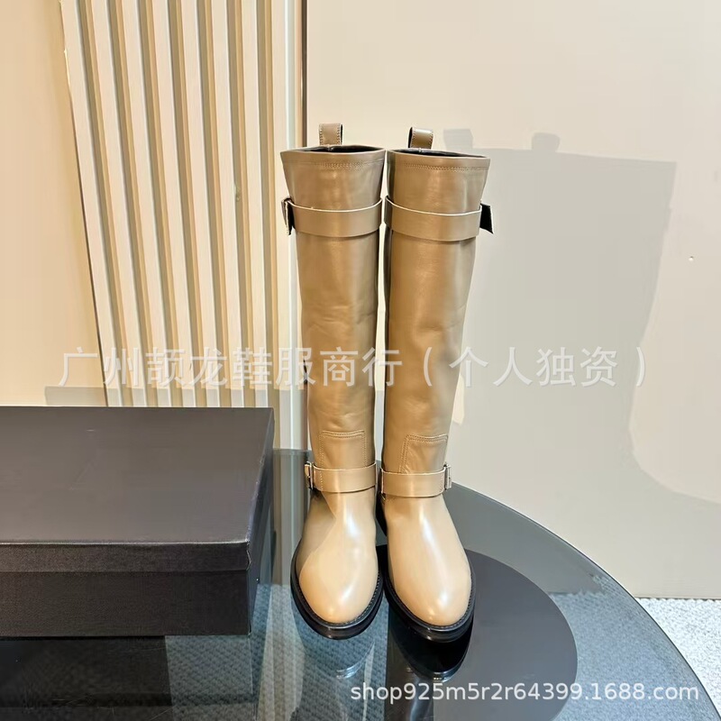 高端2025秋冬新款真皮圆头复古平跟皮带扣高筒骑士靴不过膝长靴女|undefined