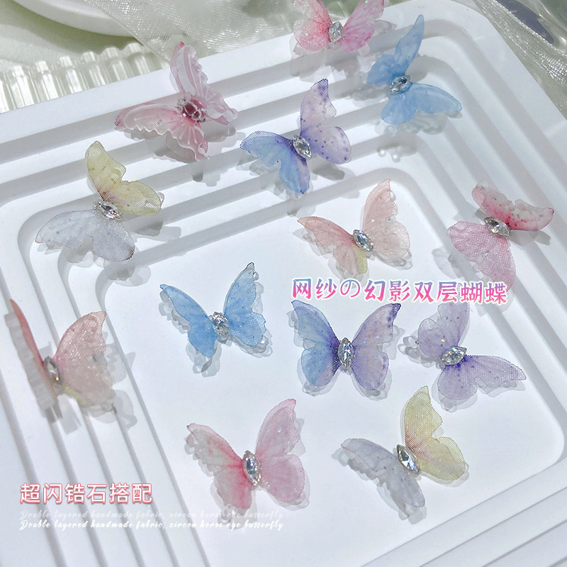 New nail accessories mesh fairy three-dimensional butterfly horse eye zircon nail drill acrylic double-layer butterfly accessories