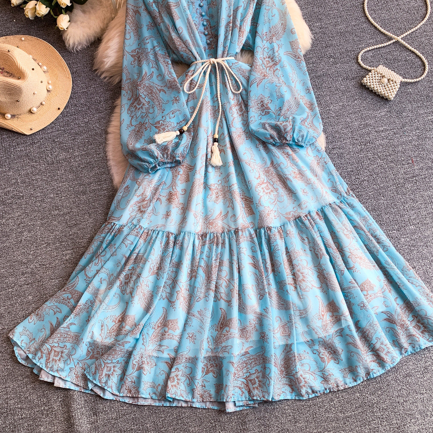 Elegant French Style Long Sleeve Dress Ruffled Collar Rope Waist Cinching Chiffon Printed Maxi Summer Retro Dress_ecoleips.com