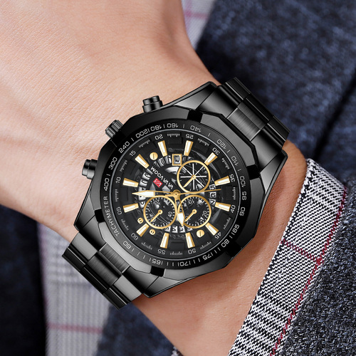 Cross-border AliExpress steel band watch men's three-eye six-pin luminous watch European and American calendar waterproof quartz watch