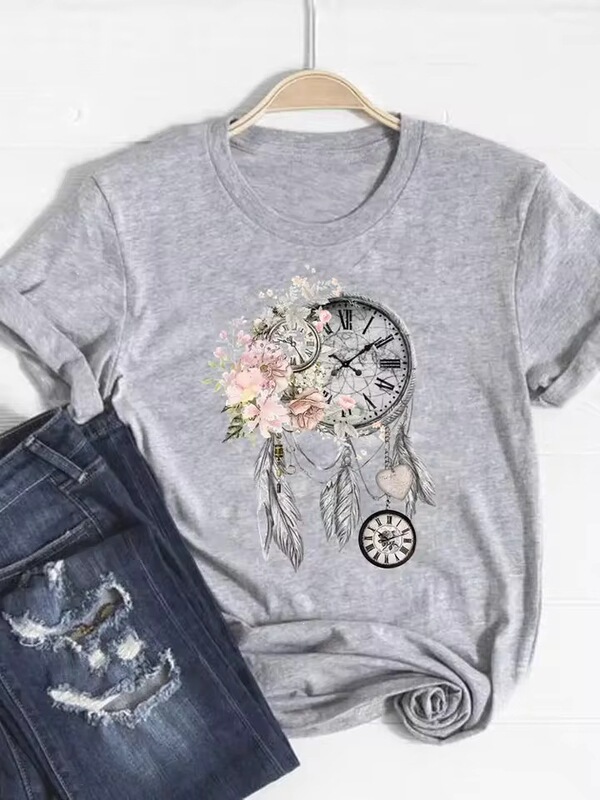 Printed T-Shirt Short-Sleeved Floral Retro Cute 90S Summer Fashion Clothing Women's Gray Basic T-Shirt Graphic t
