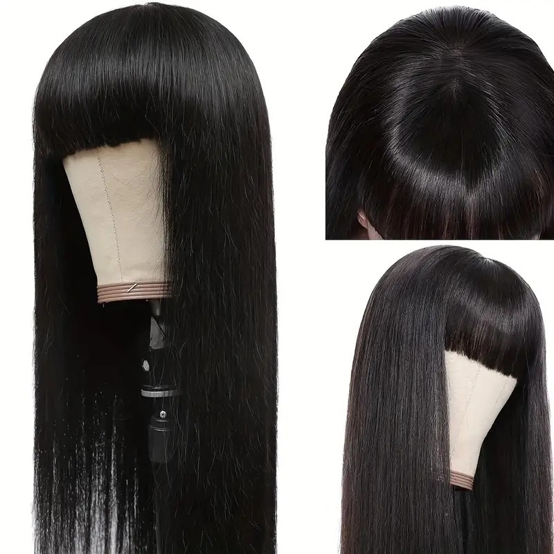 European American Long Straight Wig With Bangs Synthetic Full Head Cover Average Size Body Wave Machine Made Clip-in Wavy Hair_voghion.com