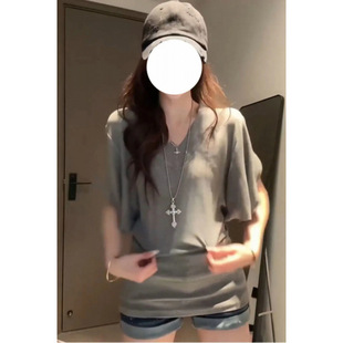 Unique Design V Neck Bat Sleeve Flesh-Covering T-Shirt Women's Short-Sleeved Summer Gray Loose and Versatile Slimming Look Waist Top