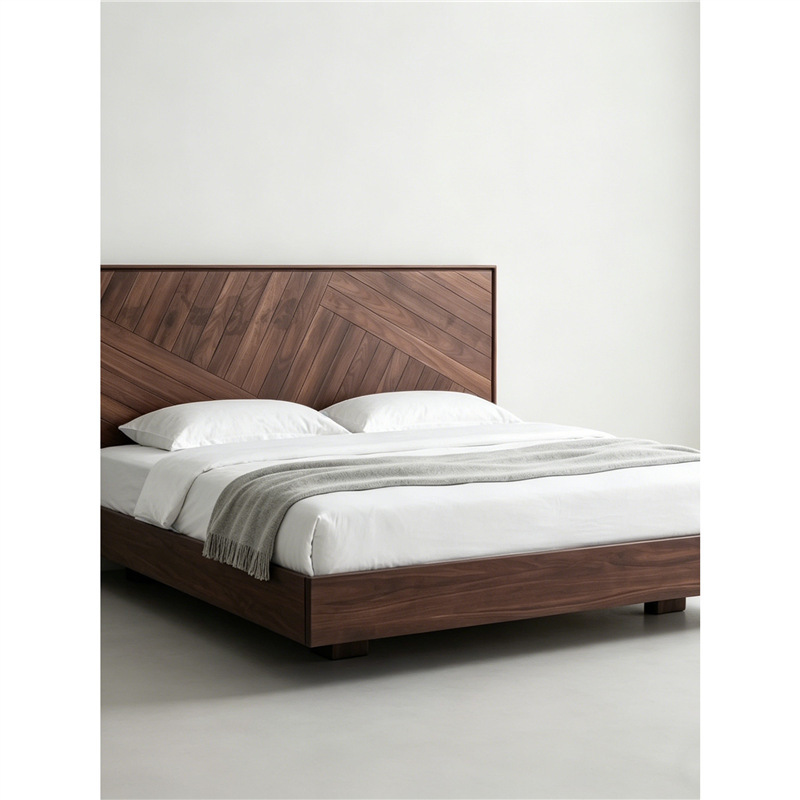Solid Wood Double Bed, Light Luxury Black Walnut Wood, Master Bedroom, Suitable for Large and Small Households, Simple New Chinese Style, 1.8m Large Bed
