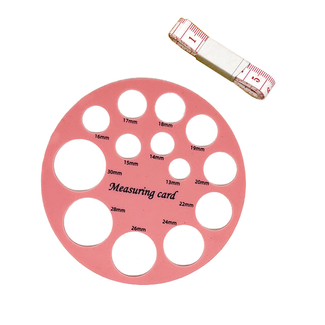 원형 핑크 양면 인쇄(전면 단위 mm, 뒷면 단위 in) + 프렌치 자 + 진주빛 가방 포장