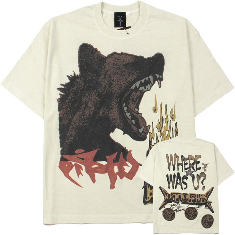 Travis Scott Asia Tour Seoul Macau American Retro Print Distressed Washed Print Short-Sleeved T-Shirt