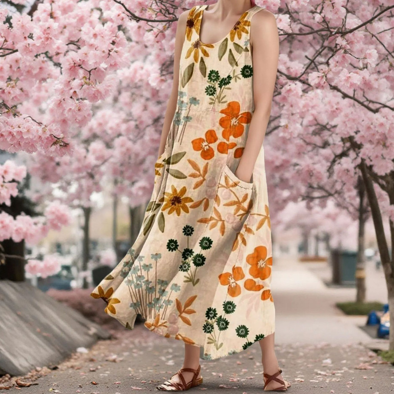 Cross-Border 2025 New European and American Style Sleeveless Large Size Dress Loose Printed Floral Design Long Skirt Export Style
