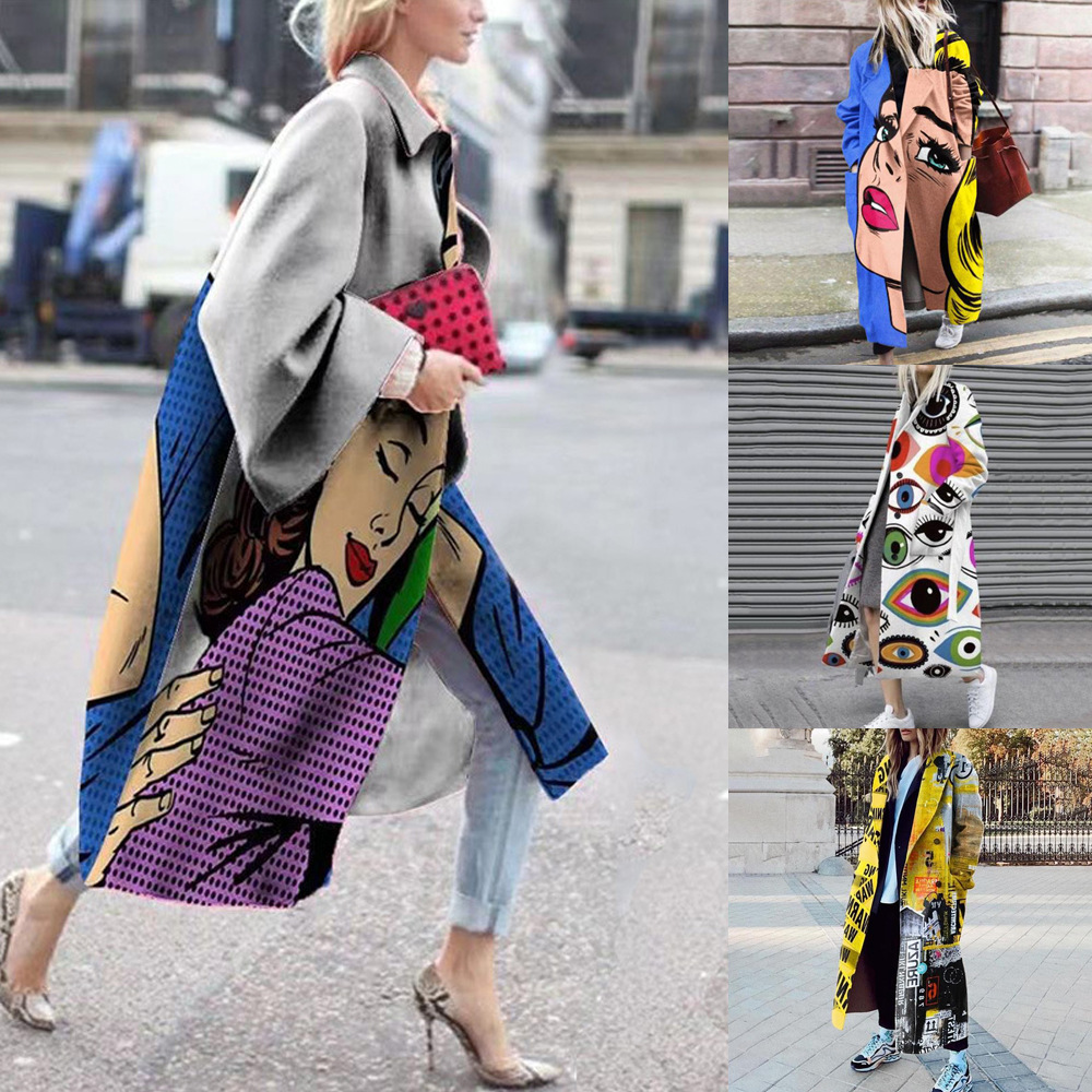 Abrigo de Lana con Estampado y Solapa de Modal Manga Larga para Otoño