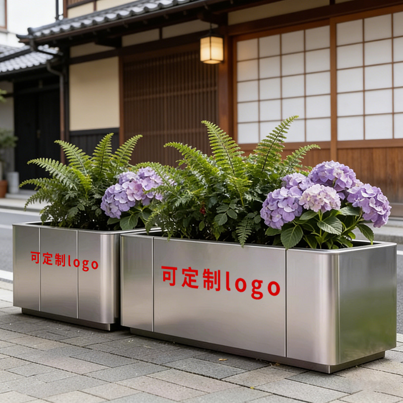 Caja de flores de acero inoxidable forjado al aire libre, sala de ventas, caja de flores de calle comercial, caja de flores de metal terminada, cerca de caja de flores