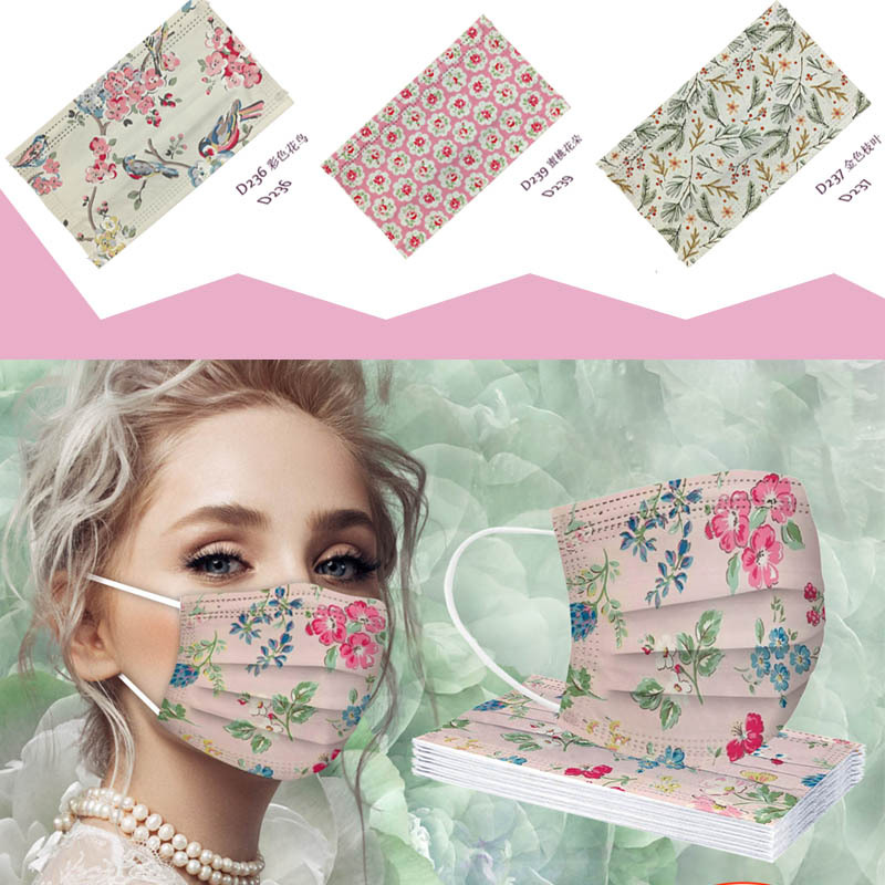 粉色face mask花朵豹纹印花口罩一次性三层水刺布一次性印花口罩
