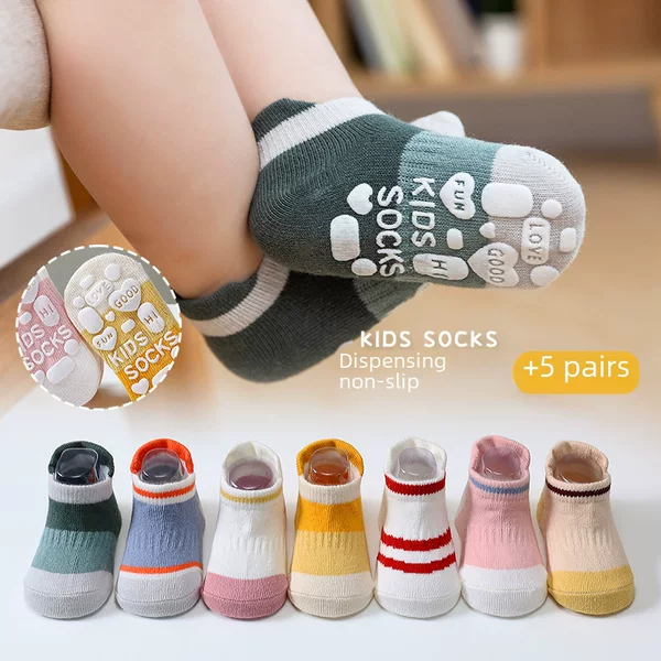 Large Area Dispensing Zero-Thread Low-Cut Boat Socks for Babies, Small, Medium and Large Children's Floor Socks, Five Pairs of Trampoline Socks