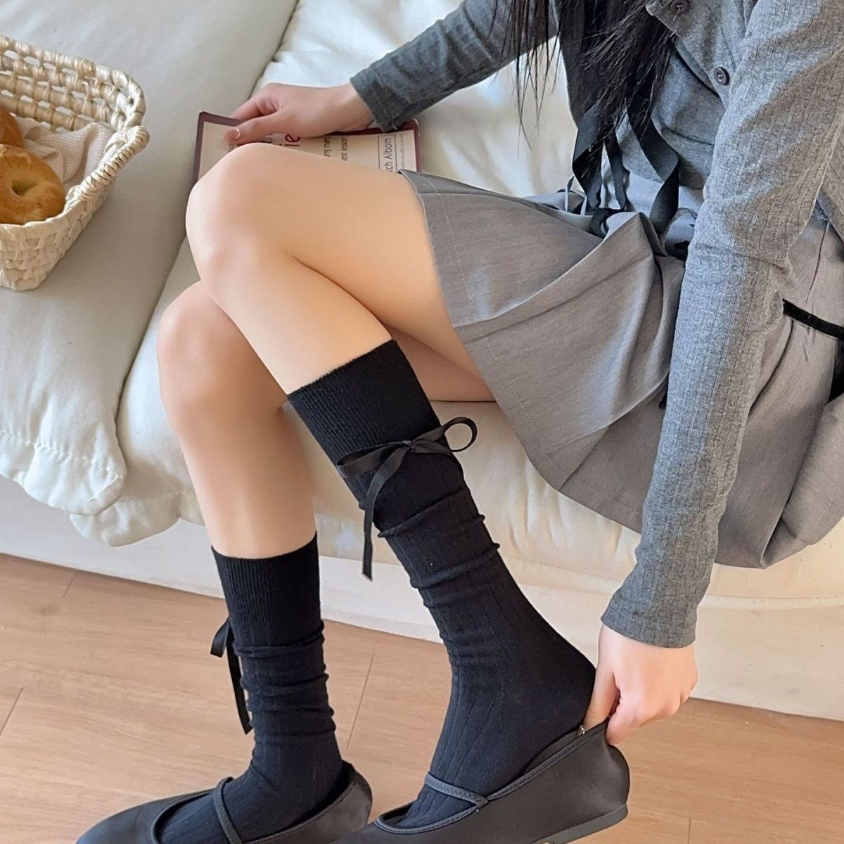 Wadenlang für Damen im Frühling und Sommer, dünne Schleife, mittleres Rohr, halb geschnitten, JK Lolita, vielseitig einsetzbar, atmungsaktiv, Zhuji Damen_voghion.com