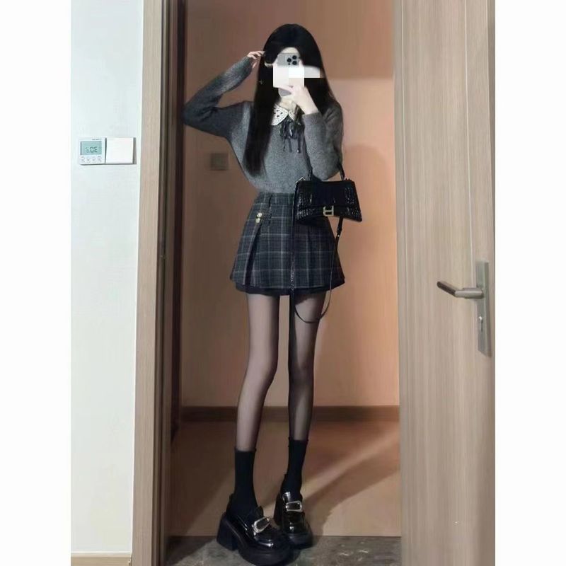 复古学院风套装女秋冬韩剧奶乖盐系甜辣纯欲风毛衣格纹短裙两件套|undefined