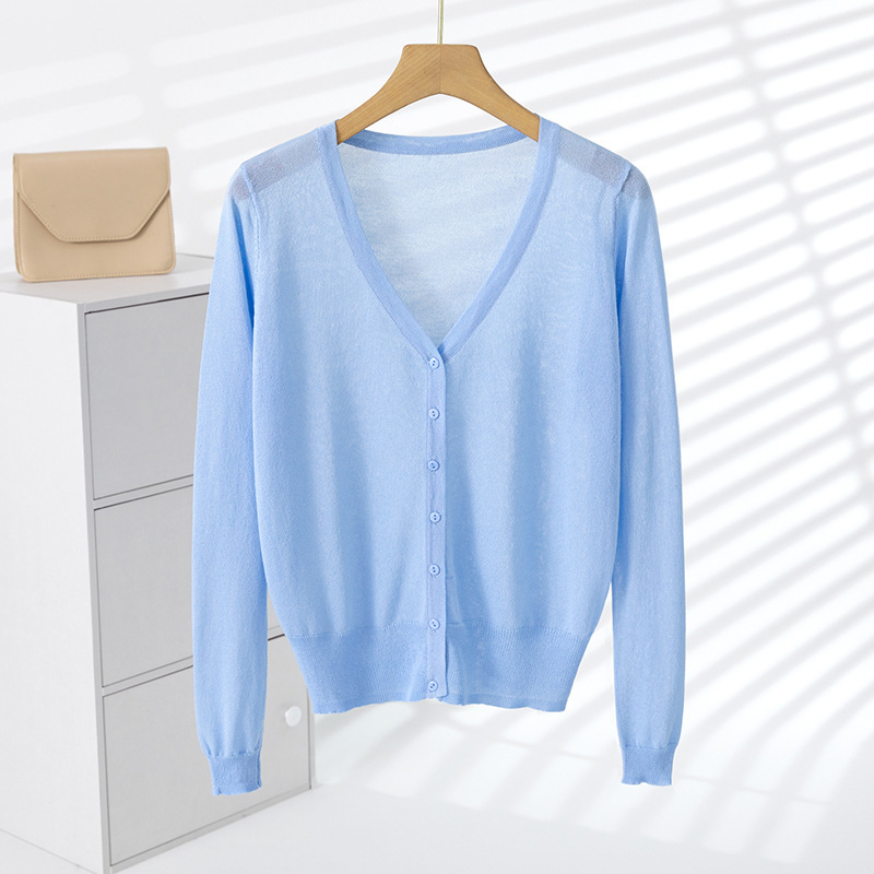 Blue Ice Silk Sun Protection Knitwear Cardigan for Women 2025 Summer New Style Outer Shawl Short Air-Conditioned Shirt Top