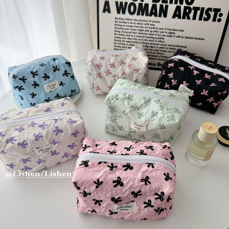 New Bow Cosmetic Bag Large Capacity Clutch Bag Portable Toiletry Bag Women's Cosmetics Lipstick Storage Bag