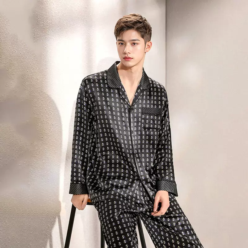 2025秋冬19姆米重磅真丝睡衣男100%桑蚕丝印花长袖凉感家居服套装