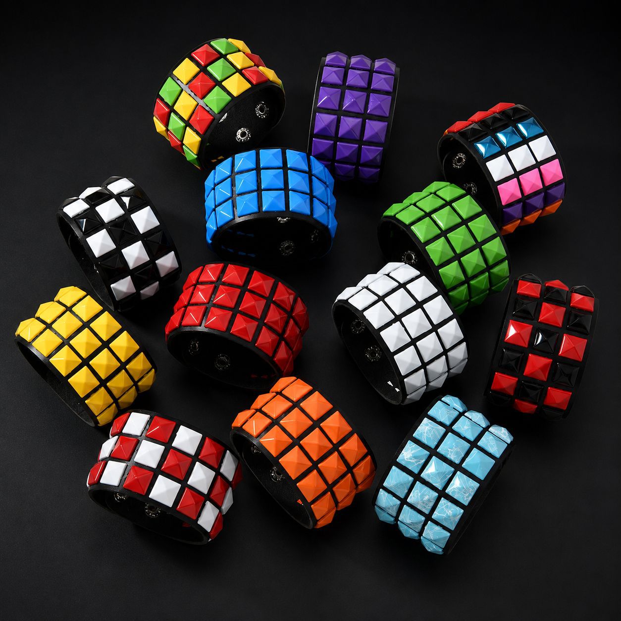 In-stock three-row square rivet bracelet, colorful PU leather rounded-corner wide bracelet, men's trendy and cool multi-color foreign trade wholesale