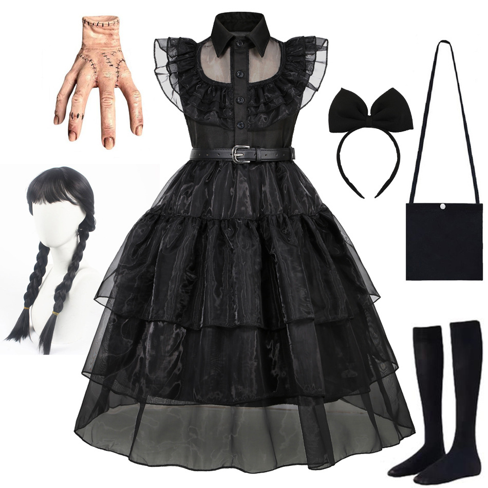 Cross-Border Wednesday Addams Cosplay Costume Children's Version Halloween Black Chiffon Dress One Piece