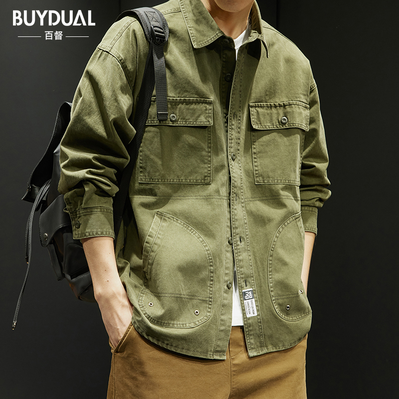 Duplex Handsome Workwear Shirt Men's Spring Trendy Brand Loose Large Size Cotton Upper Clothes Trendy American Style Retro Long Sleeve Shirt