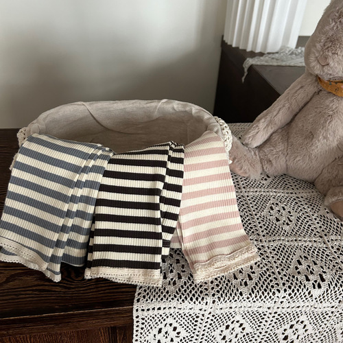 Korean Children's Clothing 2024 New Spring Girl's Striped Contrast Leggings Children's Versatile Elastic Lace Pants Trendy