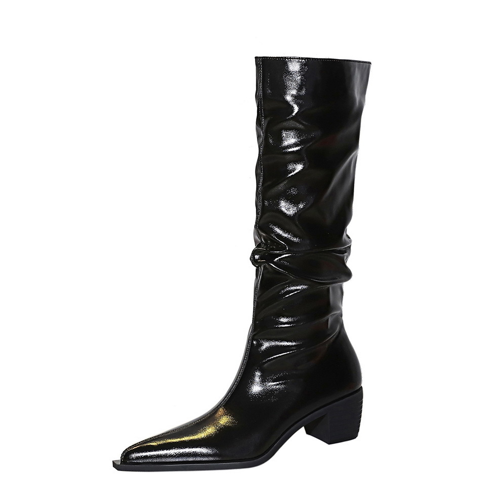 009-18 Vintage Style High Barrel Women's Boots Thick Heel Medium Heel Pointed Wrinkled Face High Barrel Boots Knight Boots