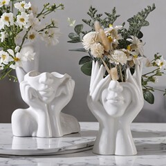 跨境盆塑料PP抽人脸象雕像花瓶轻奢艺术花瓶装饰室内外干花插瓶