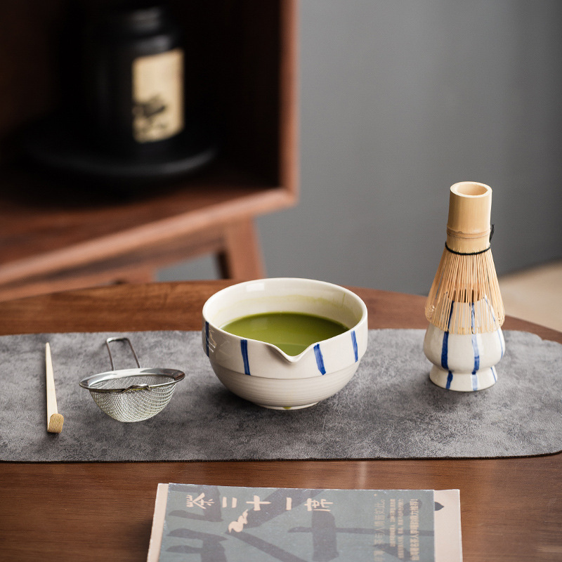大型日本茶風抹茶ボウル、抹茶道具、抹茶ブラシ、茶碗、かわいいストライプ茶筅セット|undefined