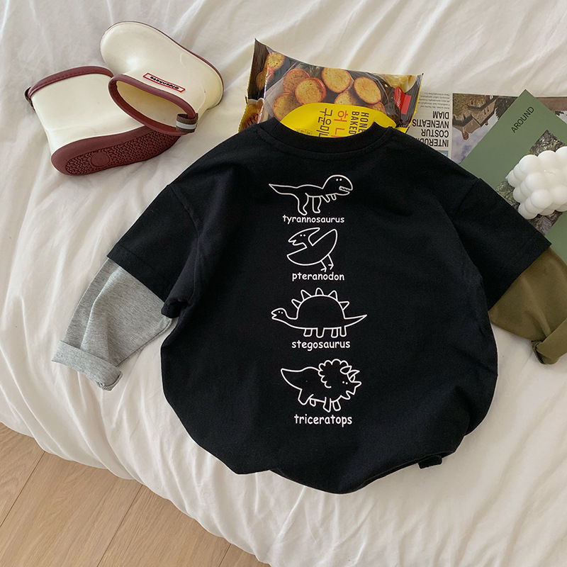 子供の対照的な色の恐竜偽ツーピース Tシャツ男の子綿ルーズカジュアル長袖ボトムシャツ子供の春子供服トップス|undefined