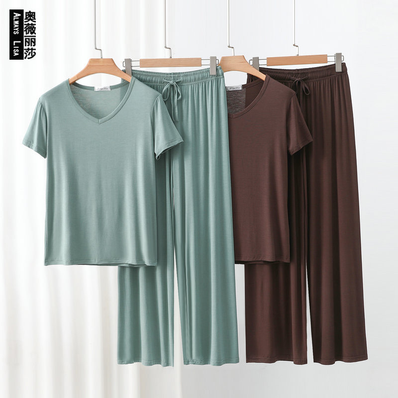 Modal V-Neck Short-Sleeved Home Clothes suit plus size Outer Wear Casual Top Wide-Leg Pants Women's Summer Thin Pajamas