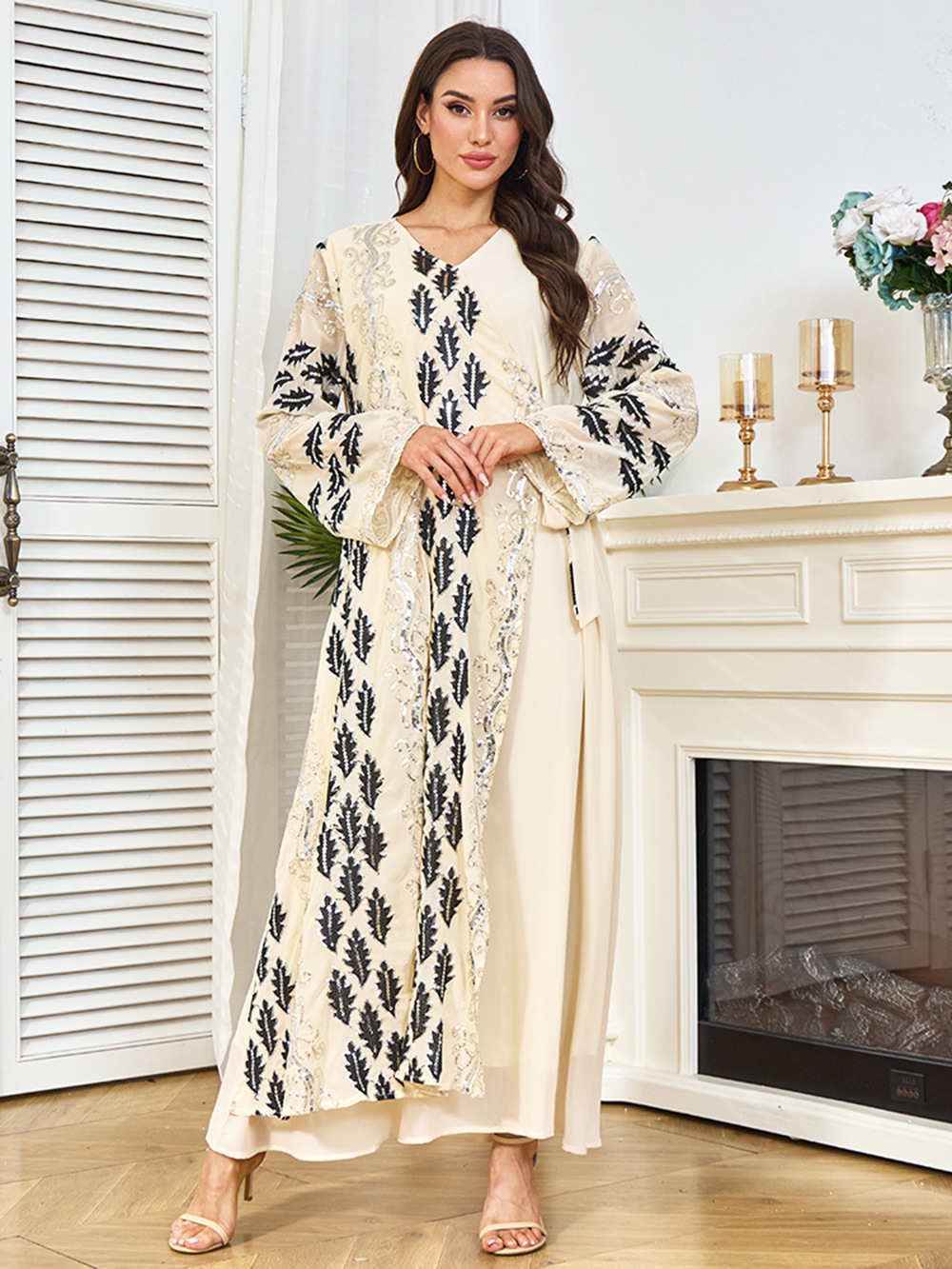 New Cross-border Dubai Abaya Clothing, Abaya, Middle Eastern Dress, Long-sleeved Sequined Arabic Gown_ecoleips.com