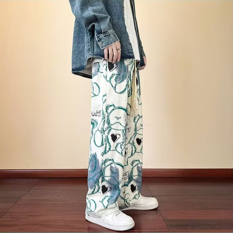 New Style Lazy Graffiti Bear Full Print Casual Pants Men's Loose Straight Pants Trendy Japanese Fashion Temperament