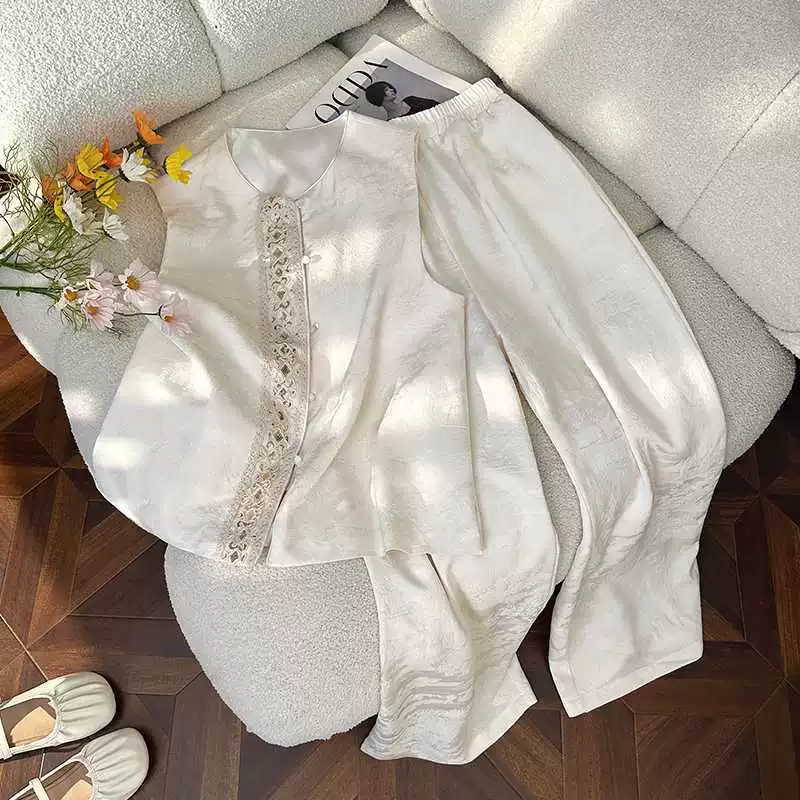 Реальная стрельба 2025 года Новый китайский стиль жаккардовая вышивка жилет женский новый прямой брюки набор из двух частей женский