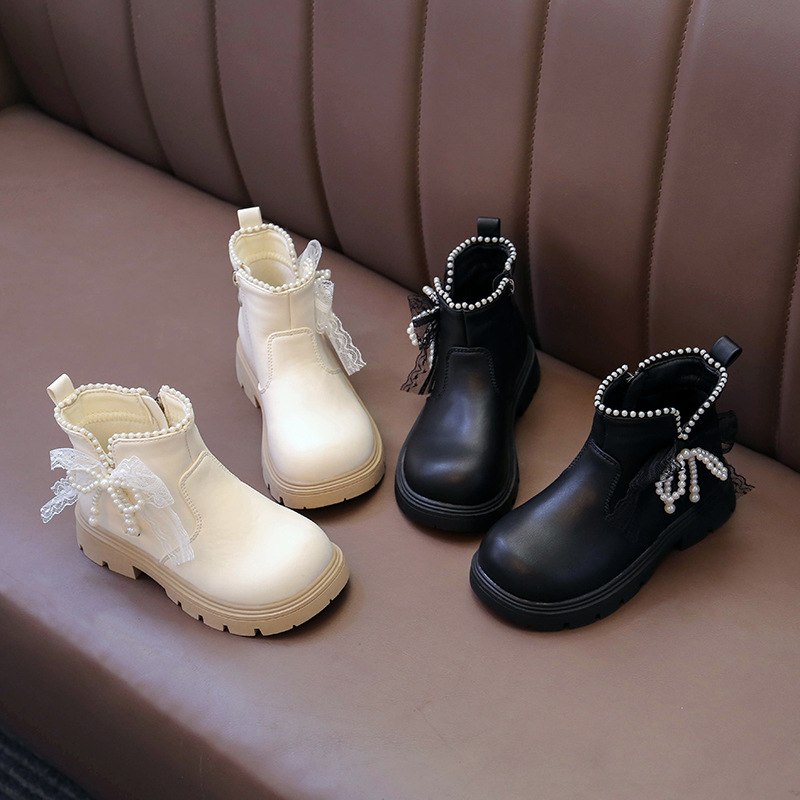 Girls' Martin Boots with Pearl Mesh Bow Sweet Princess Boots 2025 Autumn New Fashion Boots for Older Children