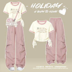 女子学生半袖Tシャツ夏服2025ファッション夏学生女子中学生オーバーオール2点セット