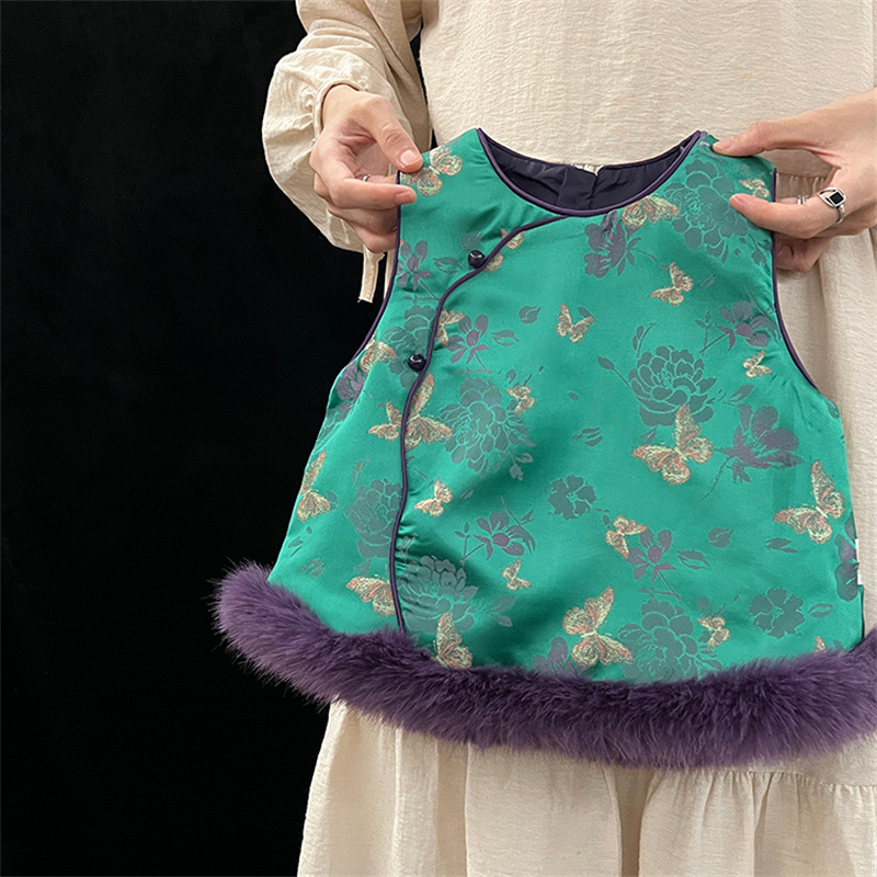 2025 invierno niñas estilo nacional satén chaleco jacquard bebé nuevo chaleco de hombro chino vestido cheongsam image 3
