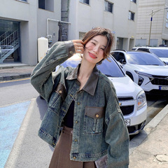别致独特牛仔拼皮短外套女春秋2025新款通勤百搭可盐可甜短款上衣