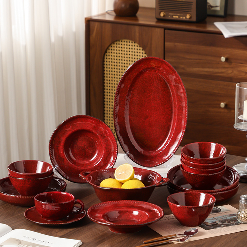 Retro Kiln-Fired Red Ceramic Tableware and Dish Set for Home Use, Housewarming, Wedding Gift Box, Noodle Bowls, Plates, Chopsticks Wholesale