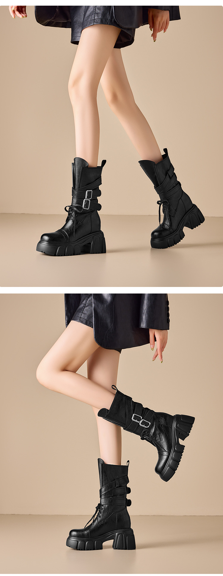 Boot nữ cổ cao ôm bắp chân đế dày 10 cm phong cách phương Tây cổ điển — Lớp lót nhung đen chi tiết 6