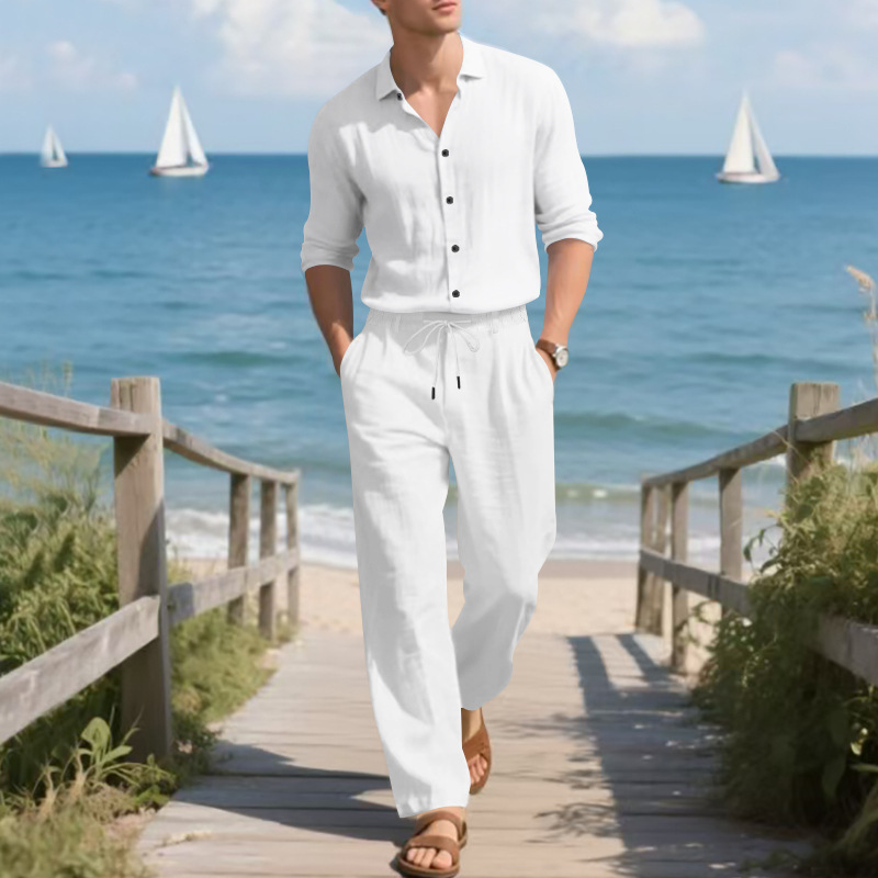 Herren Anzug Aus Leinen Mit Langarmhemd Und Hose Für Den Herbst_voghion.com