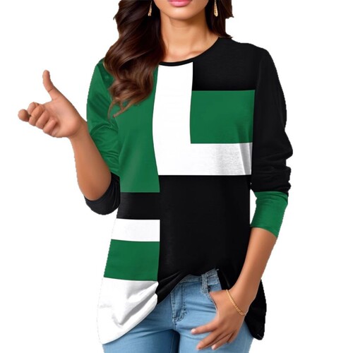New European and American women's clothing: New Wish geometric color-block long-sleeved T-shirt