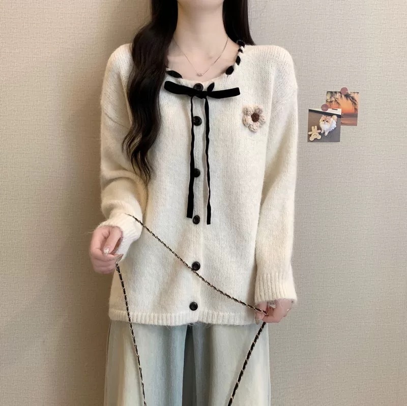 2025秋冬新款系带蝴蝶结毛衣外套女宽松软糯甜美立体花朵针织开衫|undefined
