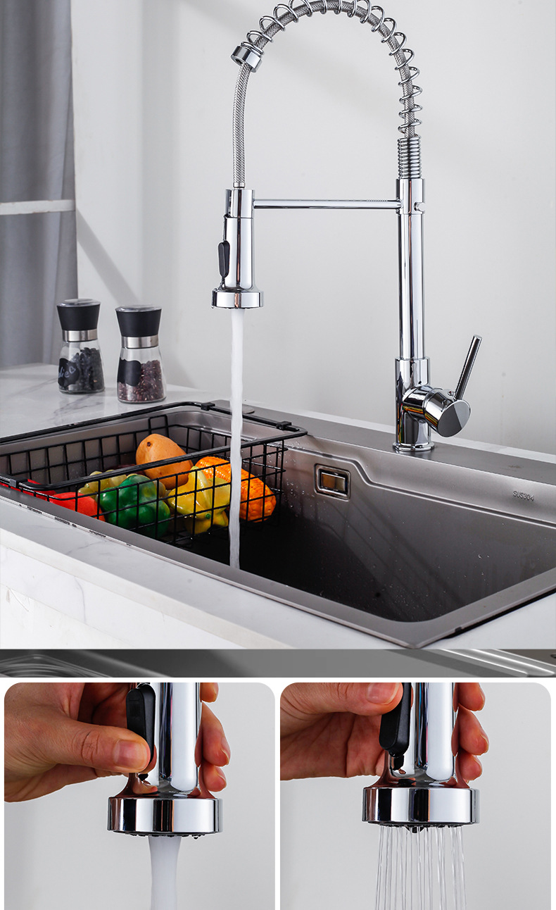 Wholesale manufacturer of cross-border spring pull-out faucet for kitchen cold and hot multi-functional telescopic rotating sink faucet Item Picture
