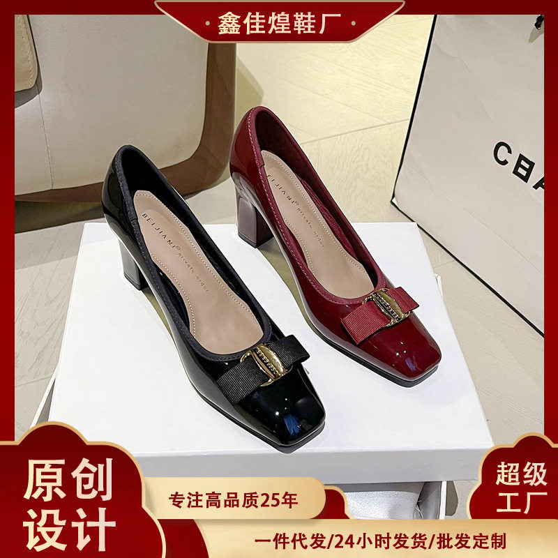 Giày Mary Jane nữ cao gót gót thô mũi vuông thắt nơ, miệng nông, gót 6–8 cm — rượu vang đỏ, đen