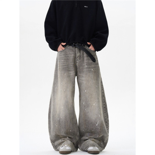 Design sense retro washed vintage gray splashed ink cowboy jeans men's and women's trendy American street style loose pants