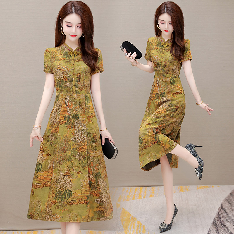 Mid-Length Printed Modified Cheongsam Dress for Women, 2026 Summer New Style, Slim Fit, Elegant Mother's Dress