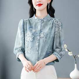 高级感真丝印花衬衫女2026夏新款七分袖时尚妈妈装小衫桑蚕丝上衣