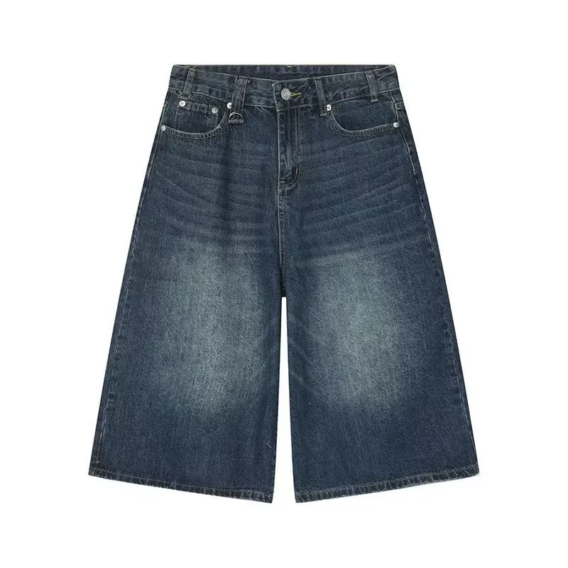 Retro denim wide-leg culottes, women's loose straight fit, summer American style, multiple sizes